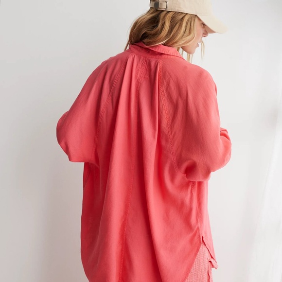 Never Worn Aerie Linen Blend Coverup Shirt Haute Coral Size Large - Picture 3 of 8